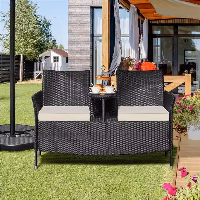 Yaheetech Modern Black Rattan and Metal Outdoor Double Chair Set with Glass Table