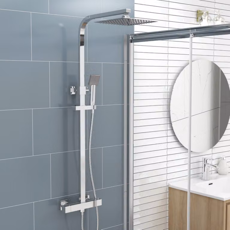 Royal Bathrooms Cube Chrome Square Thermostatic Bar Shower Set with Hand Shower and Wall Bar