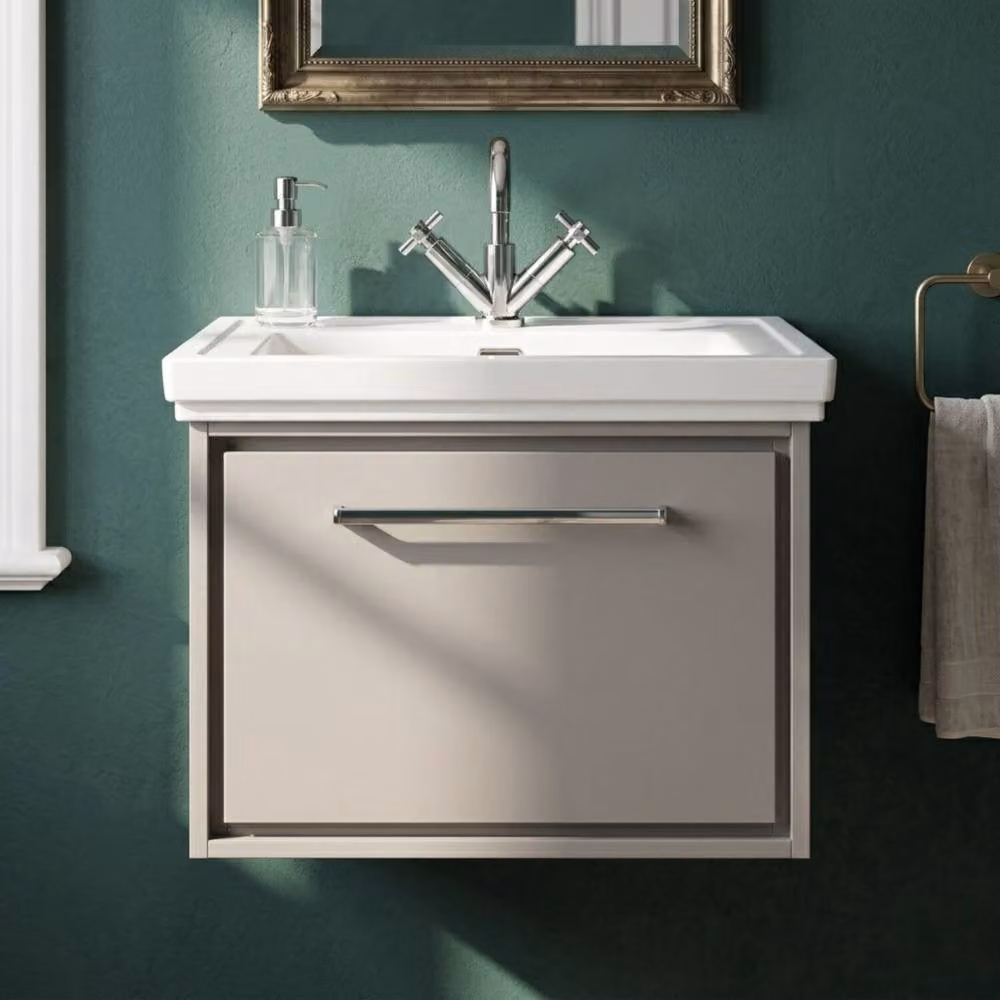 Balterley Modern Wall Mounted Single Drawer Bathroom Vanity with Fireclay Basin, Grey, Width: 60 cm – 4