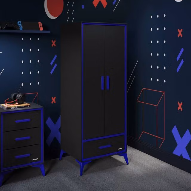 X Rocker Arcane Canvas 2 Door Wardrobe with Integrated Drawer in Blue and Black