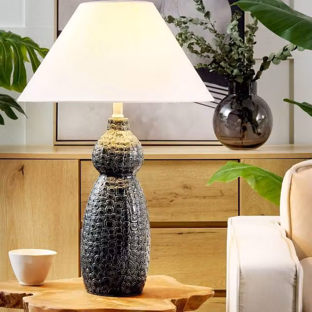 Wyld and Coco Blue Ceramic Table Lamp with White Fabric Shade – 1