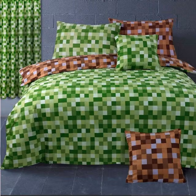 Velosso Reversible Checked Green and Brown Single Duvet Cover and Pillowcase Set for Children