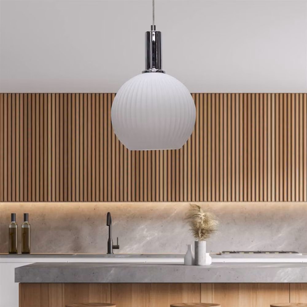 First Choice Lighting Betchley Set of 2 Chrome Deco Pendant Lights with White Ribbed Glass Globes – 2
