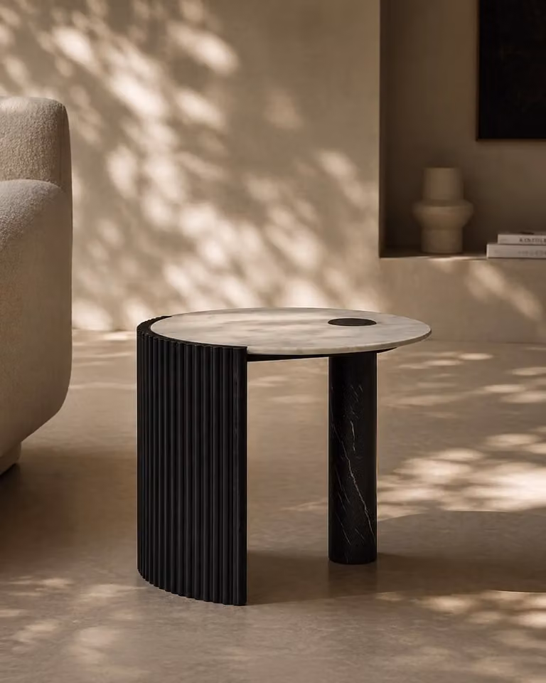 Tommy Franks Salida Side Table in Black and White Marble with Matt Stone Finish
