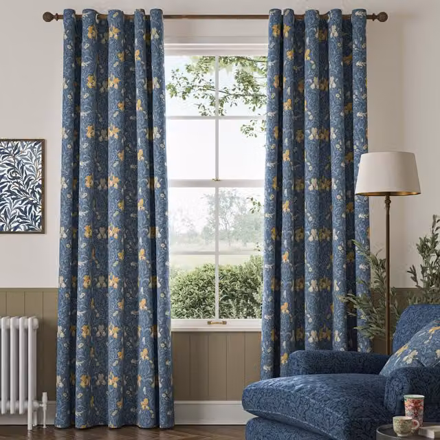 William Morris Iris Made To Measure Blue Floral Blackout Cotton Fabric Curtains