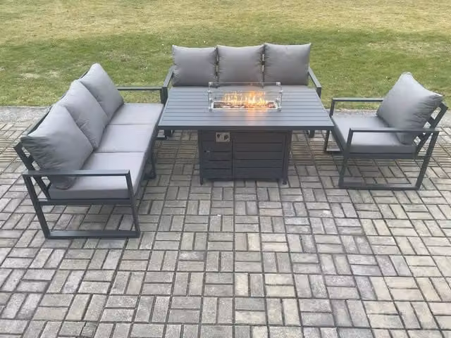 Fimous Aluminium Outdoor Lounge Sofa and Gas Fire Pit Dining Table Set in Dark Grey