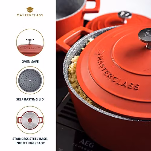 MasterClass Red Cast Aluminium Casserole Dish with Lid, 4L, 24 cm – 4