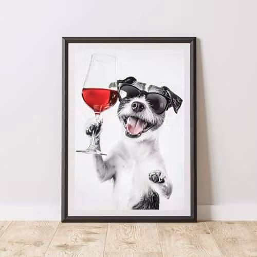 60 Second Makeover Limited Funny Terrier Drinking Wine Paper Poster, Black and White, A4