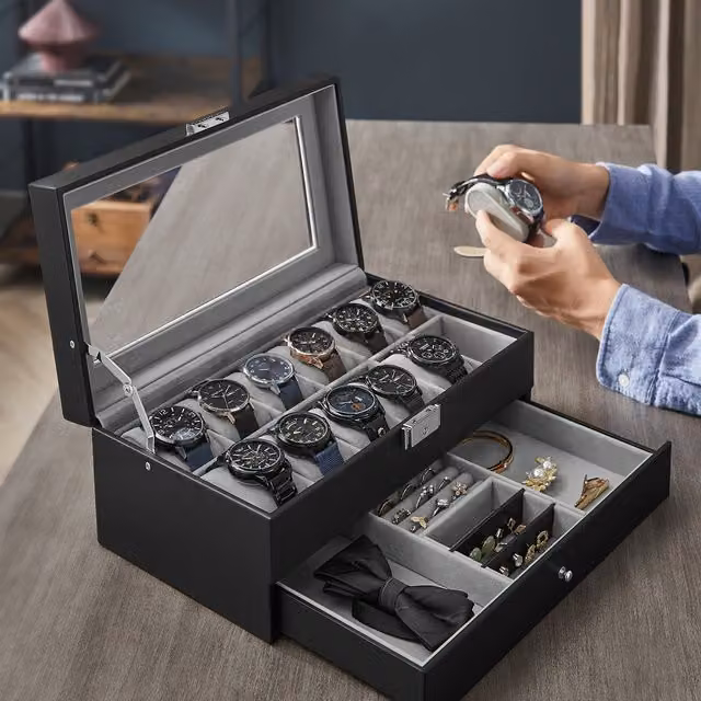 SONGMICS 12-Slot Watch Box with Glass Lid and Drawer, Black