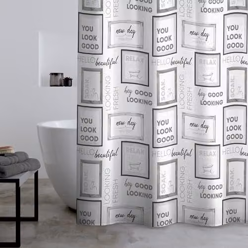 Catherine Lansfield Relax and Unwind Waterproof Polyester Shower Curtain in Grey and Black, W/H: 180 x 180 cm