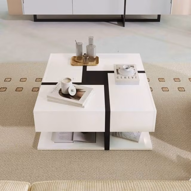 STILVORA Modern Square Coffee Table with 4 Drawers and Lower Shelf in Black and White – 1