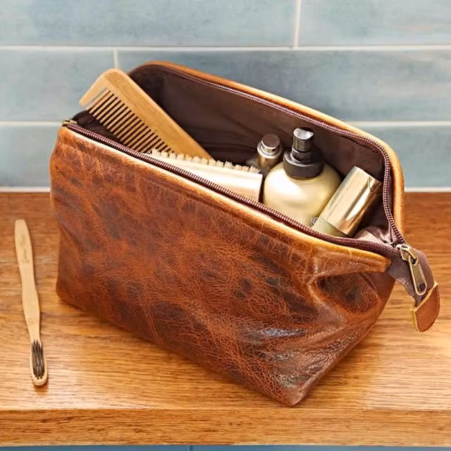 Paper High Luxury Distressed Leather Wash Bag in Brown