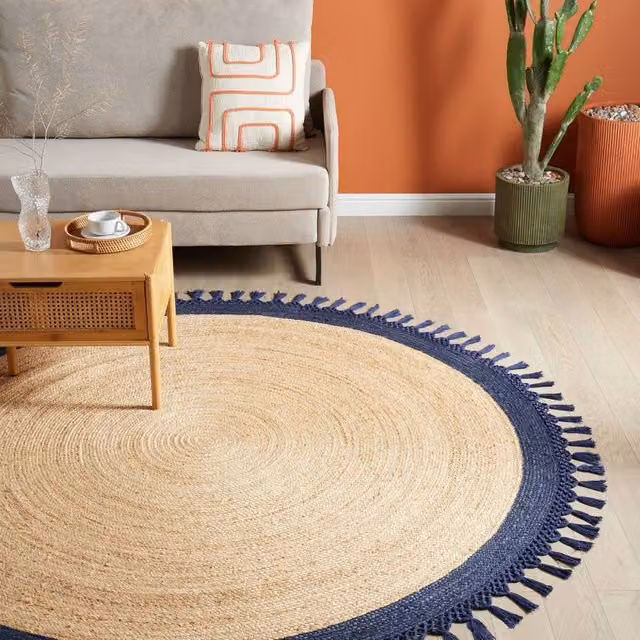 Wyld and Coco Round Jute and Cotton Boho Rug in Beige and Blue, Diameter: 200 cm