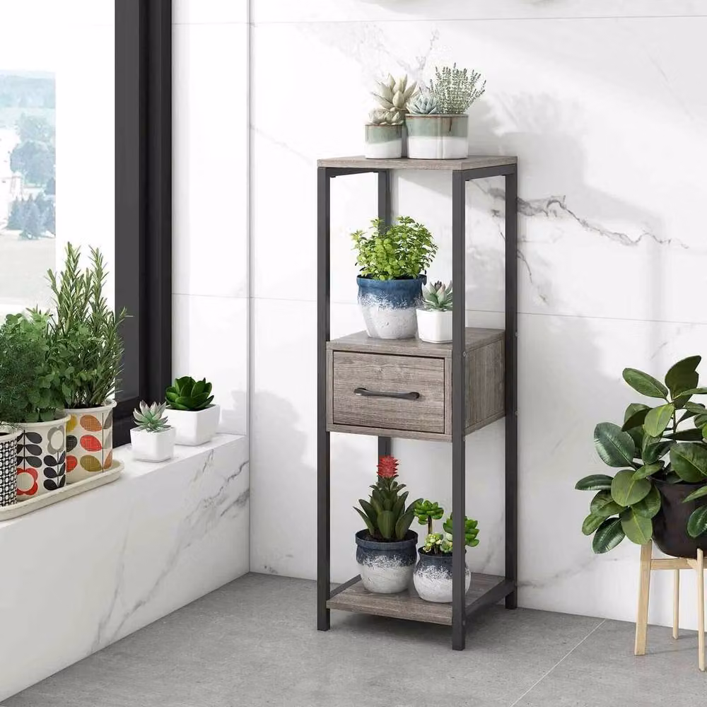 VOGREX 3-Tier Tall Metal Plant Stand and Display Shelf with Drawer in Matt Grey – 4