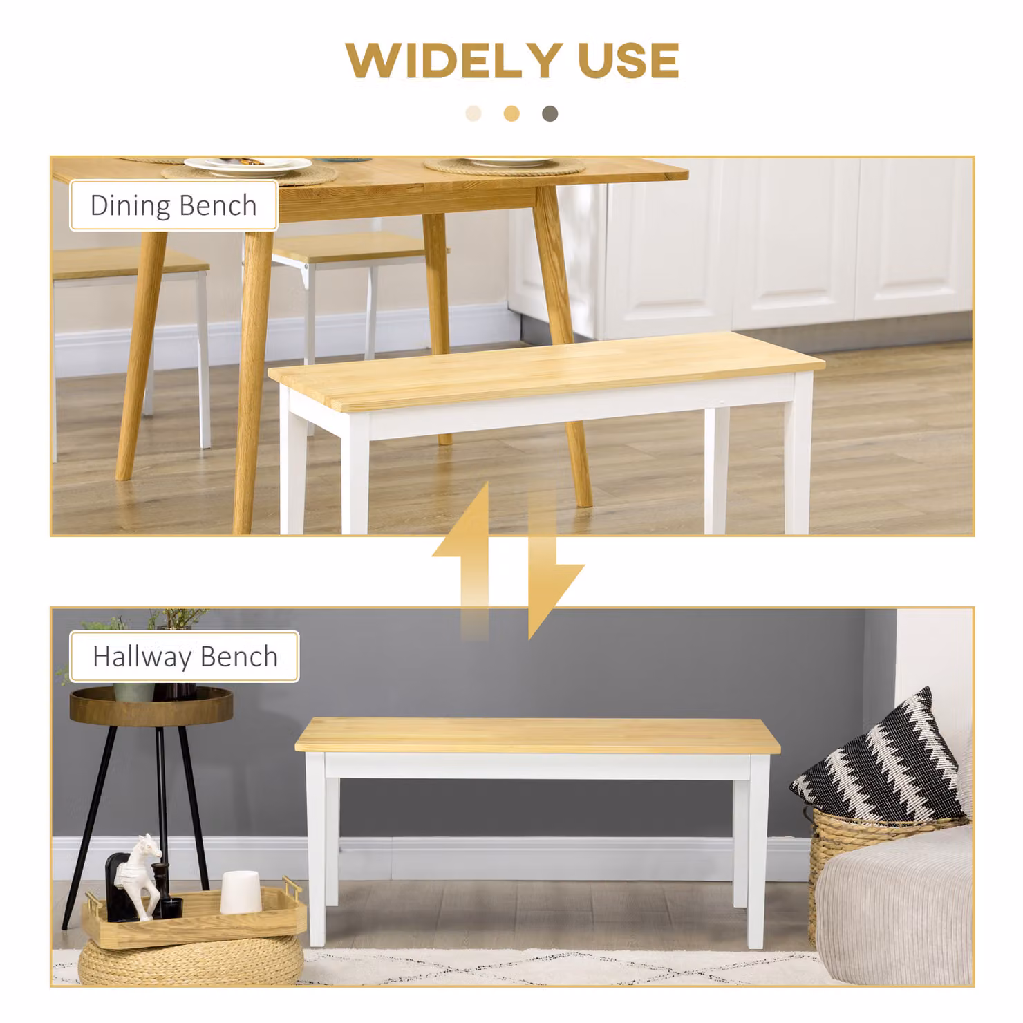 HOMCOM Modern White Lacquered Pine Wood Dining Bench for 2 People – 3