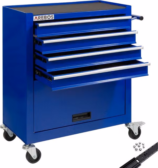 AREBOS Steel Tool Cabinet Cart Workshop Trolley with 4 Drawers, Blue