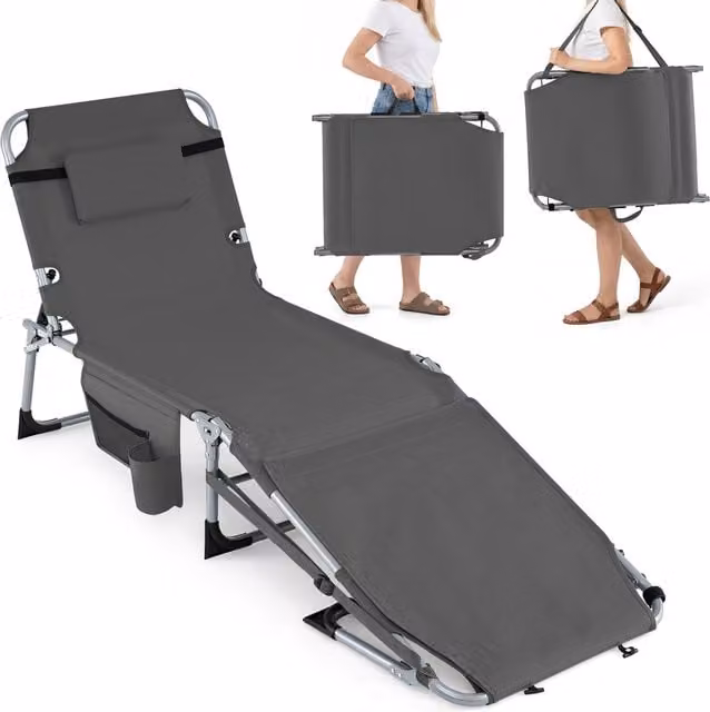Costway Portable Sunbathing Chair in Grey with Adjustable Headrest and Cup Holders