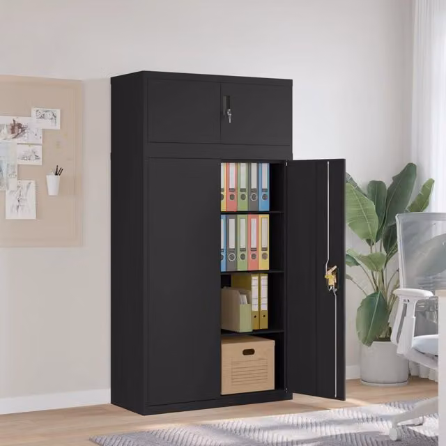 Berkfield Home Black Steel File Cabinet with Hinged Doors and Lock, W/D/H: 90 x 40 x 180 cm