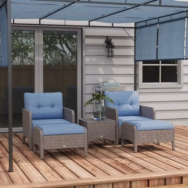 Outsunny 5 Piece Blue PE Rattan and Steel Garden Furniture Set with Glass Table