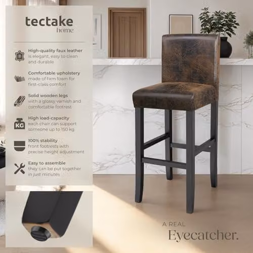 tectake Set of 2 Dover Bar Stools in Antique Brown with Synthetic Leather and Wood Legs – 4