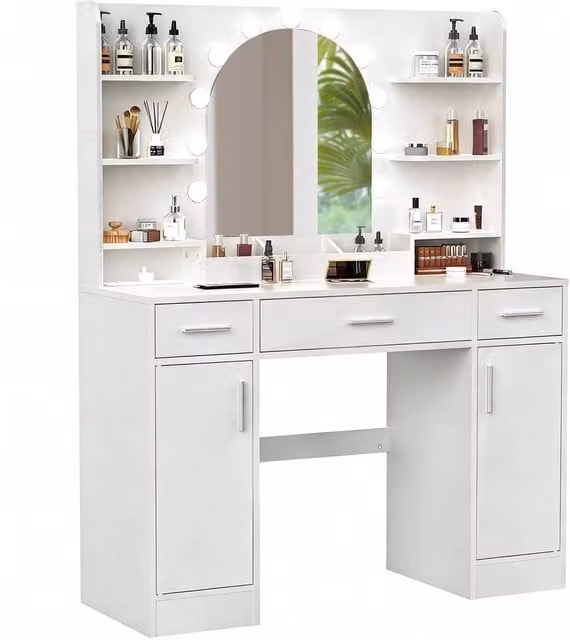 FORGEVIO Modern White Makeup Vanity Table with Hollywood LED Lighting – 1