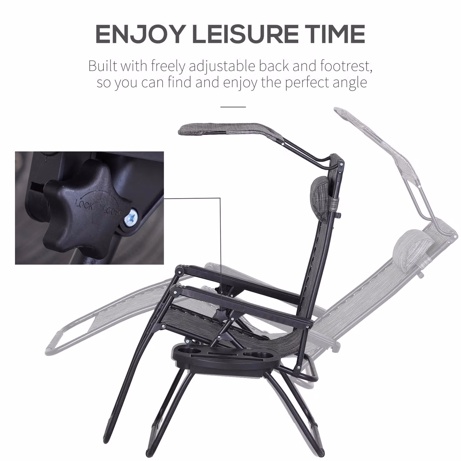 Outsunny Zero Gravity Folding Deck Chair in Grey with Sunshade, Cup Holder and Adjustable Headrest – 7