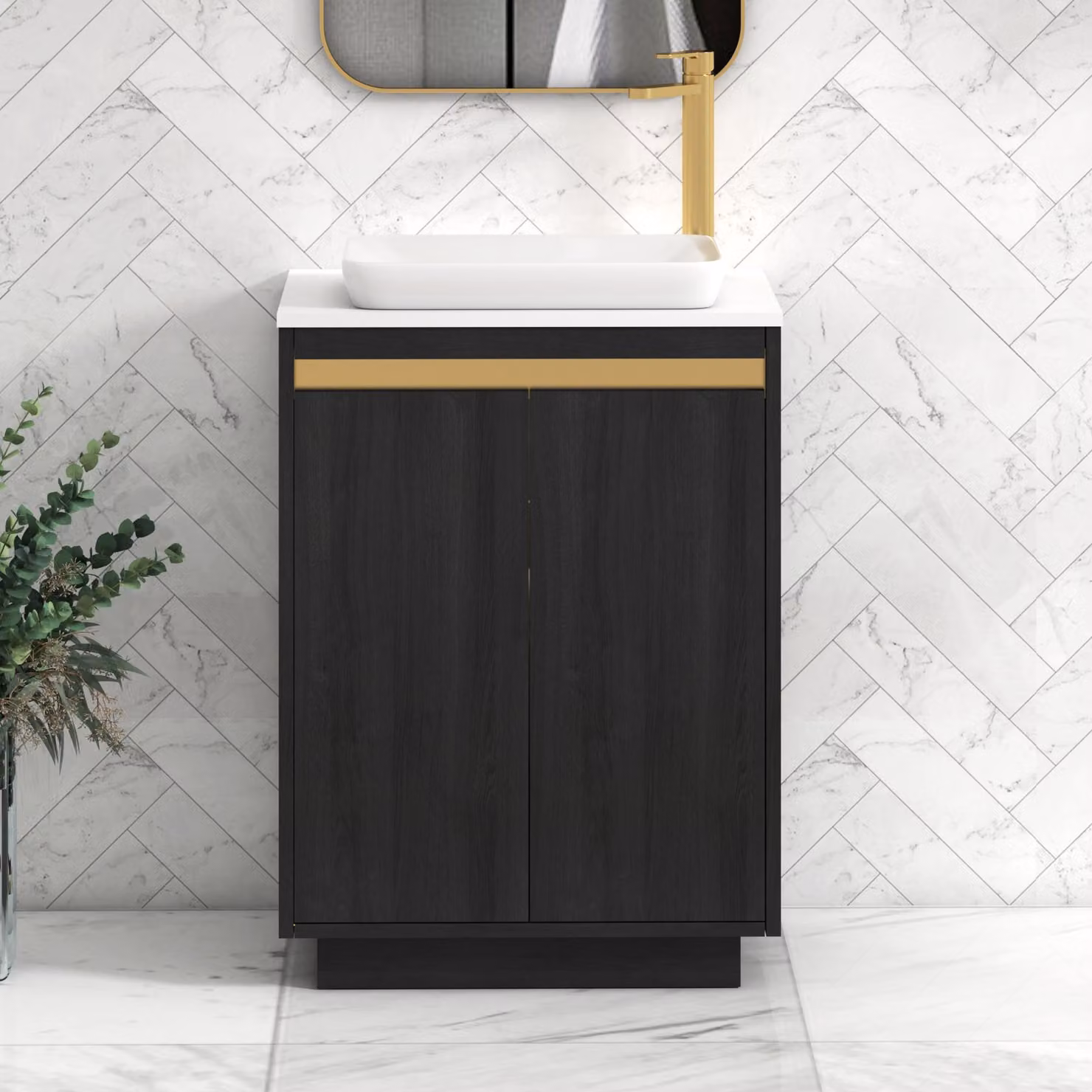 Royal Bathrooms Orion 600mm Hale Black and White Floor Standing 2 Door Vanity Unit with Qubix Basin and Brushed Brass Accent Trim