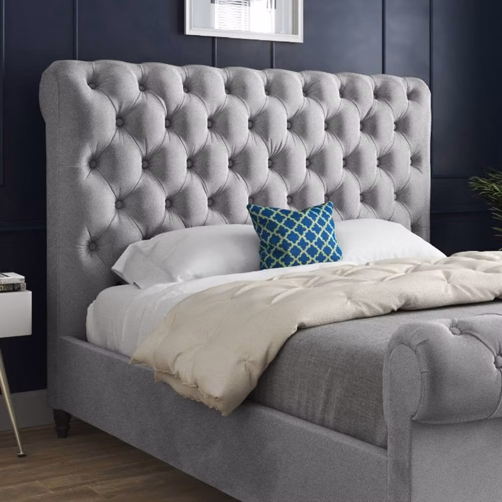 Casani Stopham Sleigh Upholstered Designer Bed Frame in Grey Velvet, W/D/H: 200 x 189 x 119 cm – 4