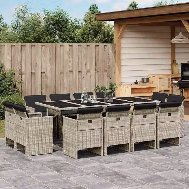 Berkfield Home 13 Piece Modern Garden Dining Set with Light Grey Cushions and Poly Rattan