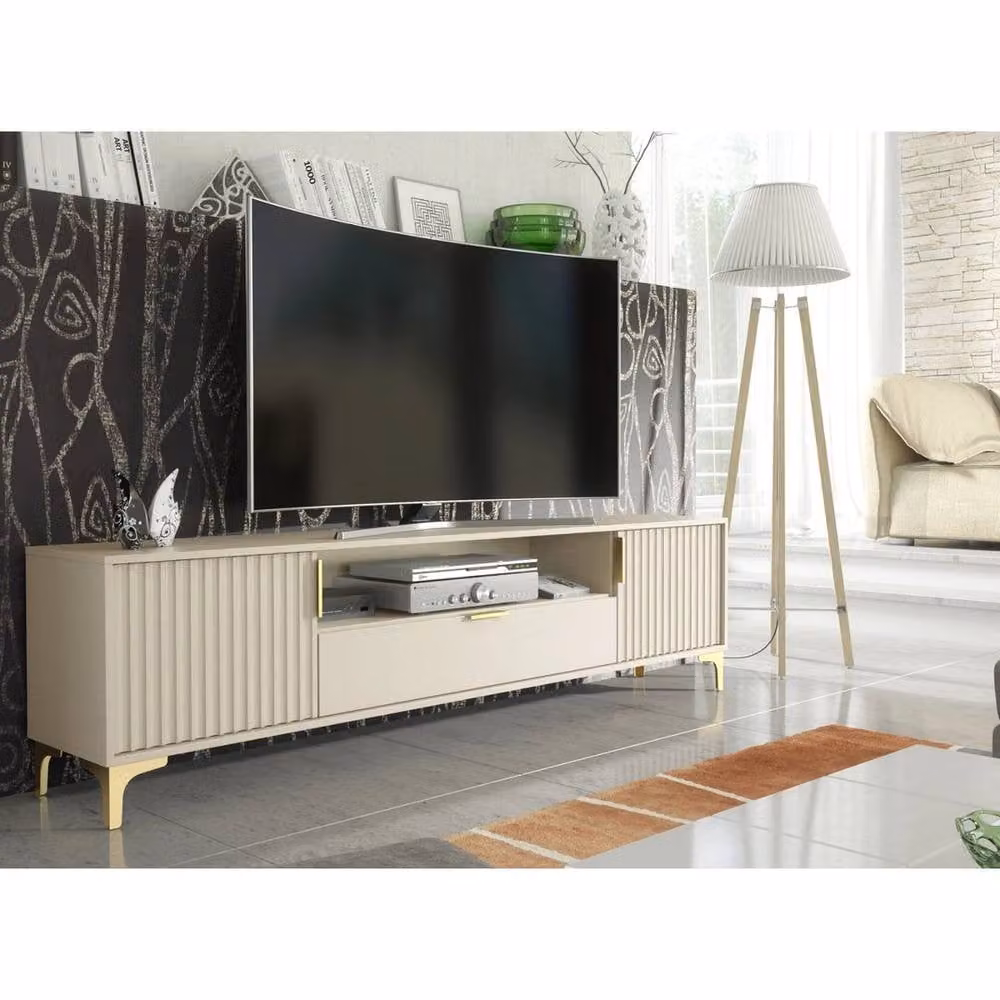 FORGEVIO Modern Beige Metal TV Unit and Storage Cabinet with Media Compartments – 2