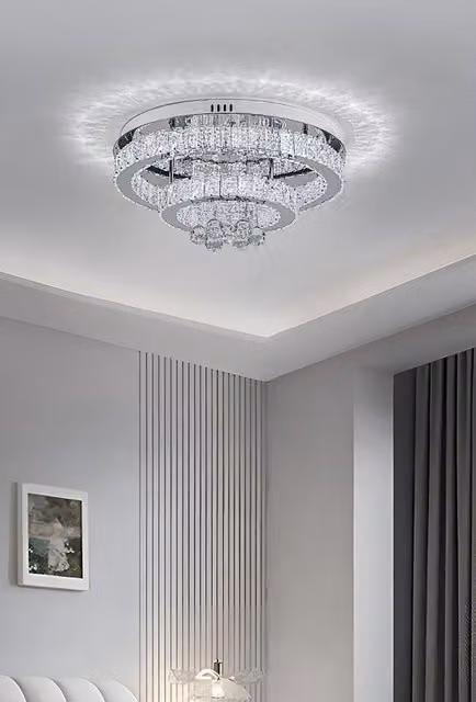 H&O Direct Double Tier Round Crystal Ceiling Light in Silver