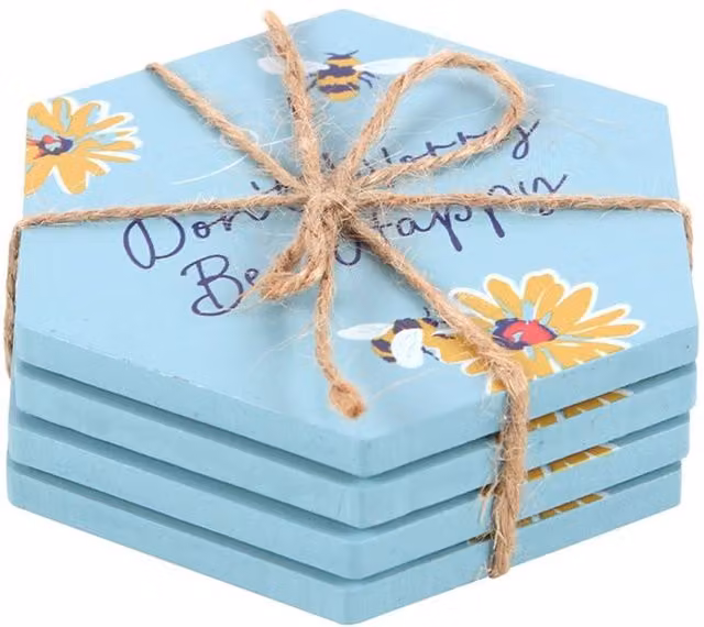 Don't Worry Be Happy Coaster Set with Floral Bee Design in Petrol Blue and Wood