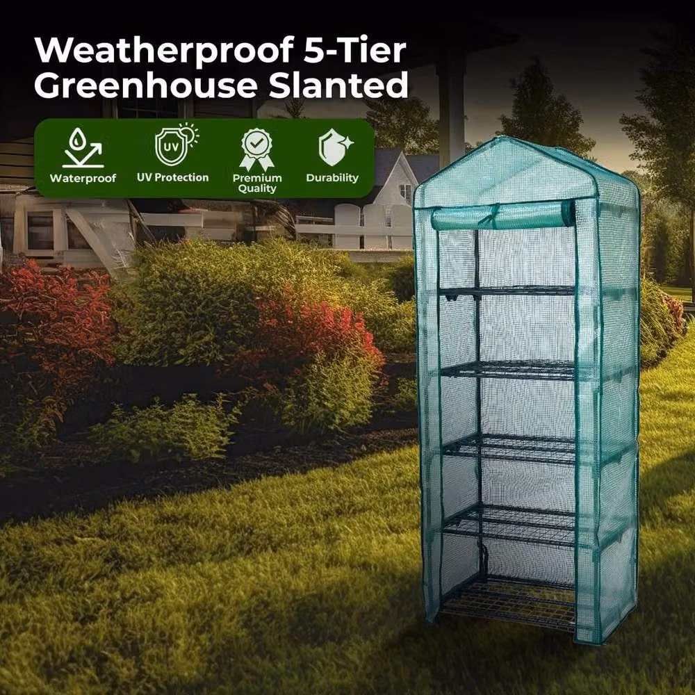 FLAVORA Portable 5-Tier Green Greenhouse, H 193 x W 69 x D 49 cm – 5