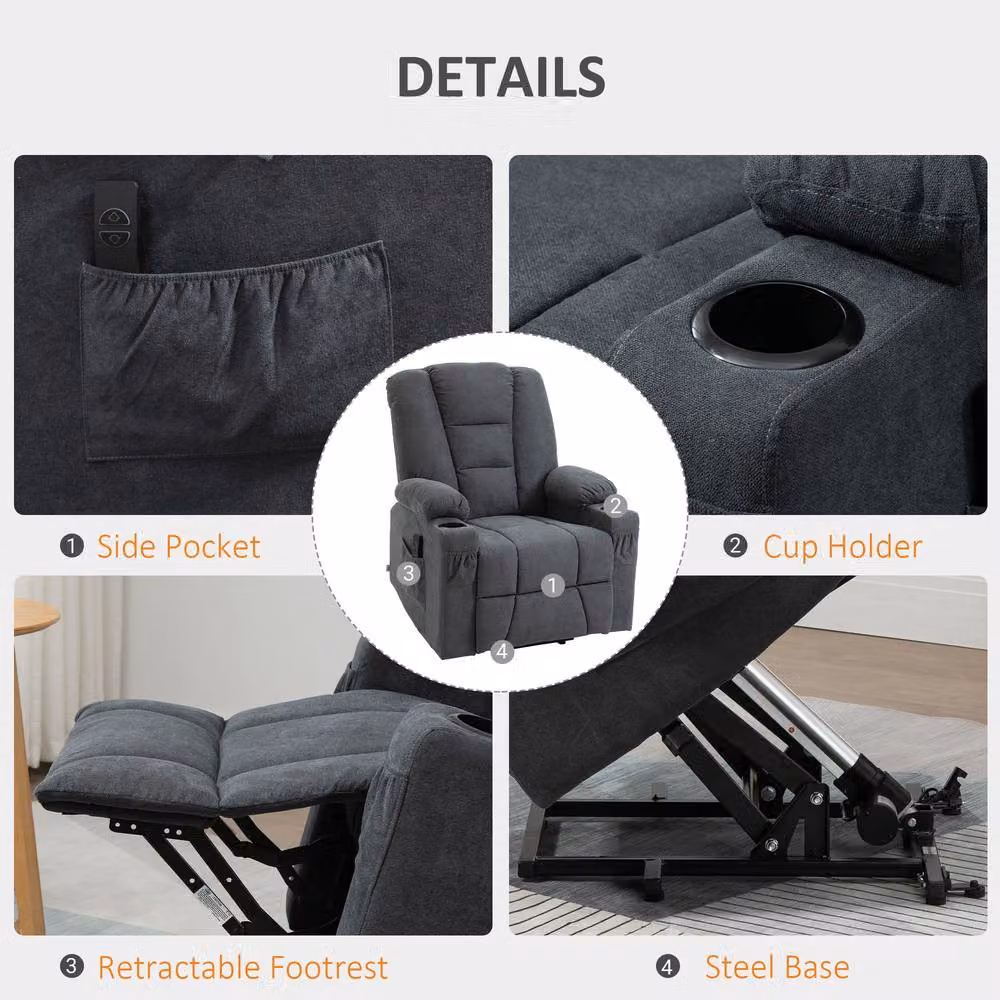 STILVORA Grey Fabric Riser Recliner Armchair with Cup Holders and Powered Lift Assist – 6
