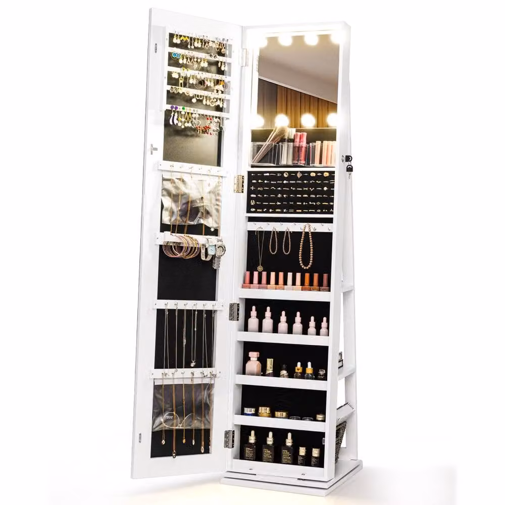 Costway Freestanding 360 Swivel Jewelry Cabinet with LED Lighting and Mirror in White – 8
