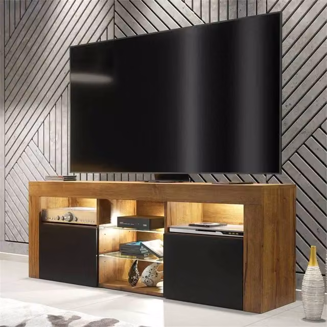 PAWNORA Modern TV Unit with Matt Oak Body and Matt Black Fronts in Brown