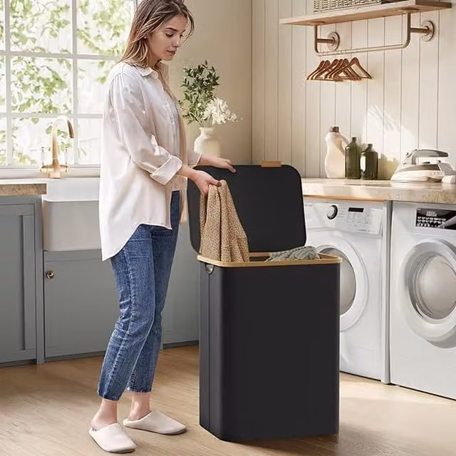 SONGMICS 130L 2-Section Large Laundry Basket with Lid and Removable Bags, Black