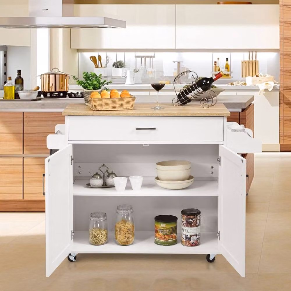 Gymax White Kitchen Trolley Island with Rolling Shelves, Cupboard, Cabinet and Drawer – 3