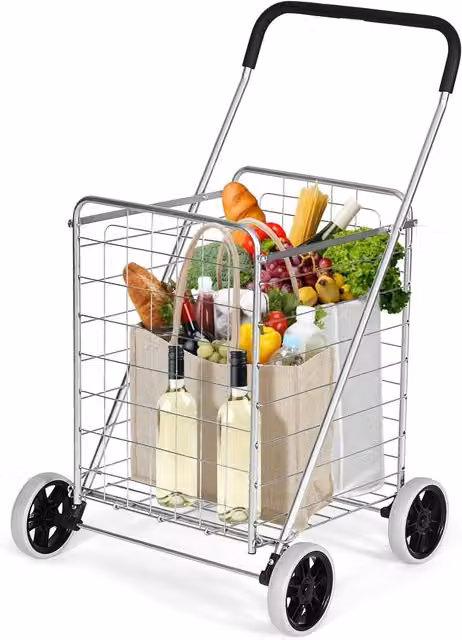 Gymax Folding Shopping Cart 83L Utility Grocery Rolling Basket in Silver