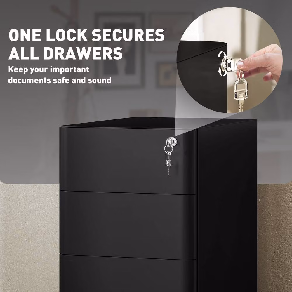 STILVORA 3 Drawer Metal Filing Cabinet with Lock and Castors in Matt Black – 5