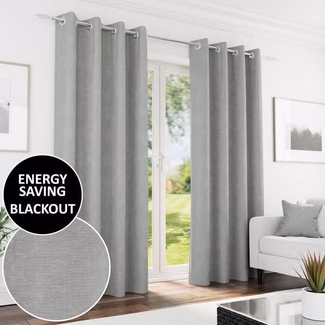Knightsbridge Grey Chenille Blackout Eyelet Curtains, Thermal Insulating, Width: 183 cm, Height: 168 cm