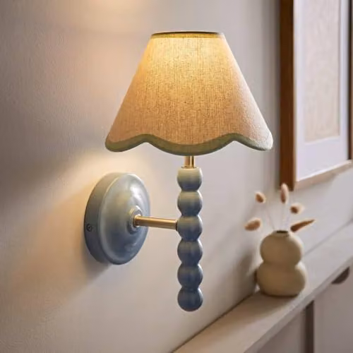 ValueLights Bobbin Pair of Blue Wall Lights with Green Fabric Shades