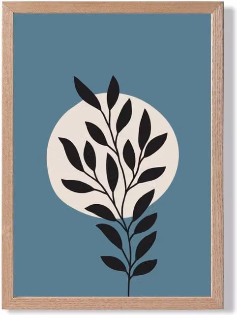 ARTZE Blue and Beige Boho Graphical Floral Framed Print with Oak Frame, A3