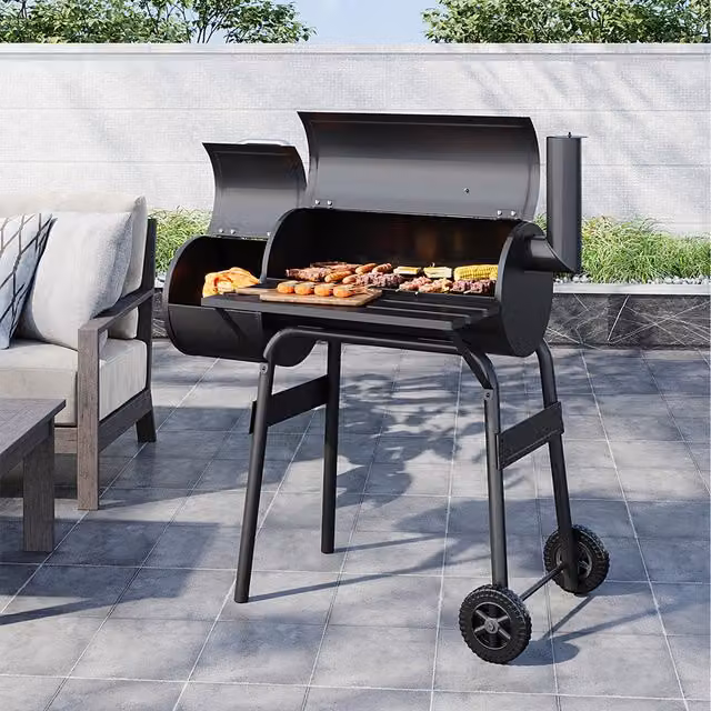 Breeins Dual Grill Charcoal BBQ with Storage Shelf and Cart in Black