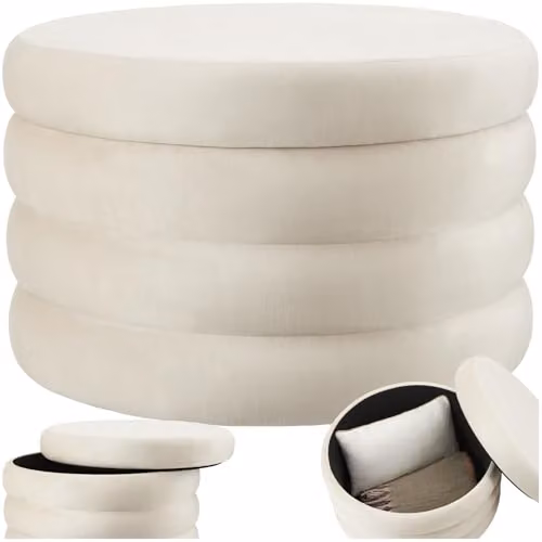 tectake XL Scandi Style Storage Ottoman with Velvet-Look Cover in White/Cream, W/D/H: 42 x 42 x 67 cm