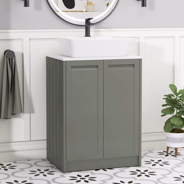Royal Bathrooms Elmore 600mm Matt Green Floor Standing 2 Door Vanity Unit with Plain White Worktop and Cube Basin