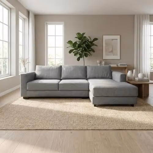 Abakus Direct Kaizer L-Shaped Corner Sofa in Grey Bouclé Fabric, Right Facing – 1