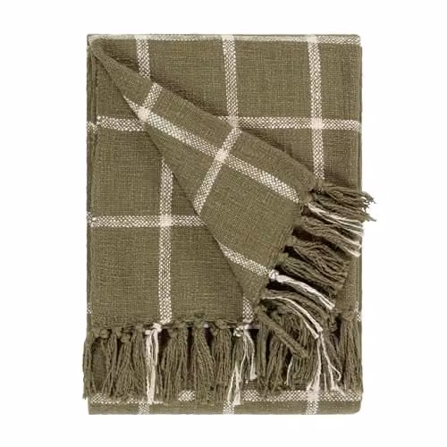 Yard Beni Woven Cotton Checked Throw with Fringes in Green and Beige, W/D/H: 130 x 180 cm