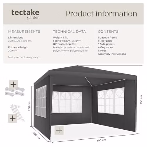 tectake Garden Gazebo in Grey with Steel Frame and Windows, W/D/H: 300 x 300 x 250 cm – 6