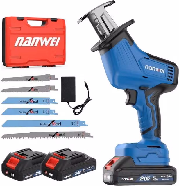 NANWEI 20V Cordless Reciprocating Saw with 2 Rechargeable Batteries and Charger, Blue/Multicolour – 1
